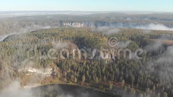 缓慢直飞过一条平缓的山河松林云雾啊河视频的预览图