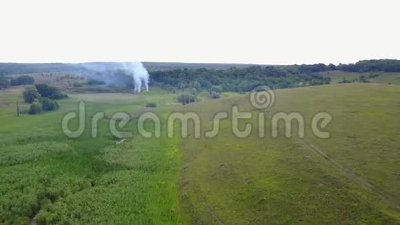 从燃烧的绿野无人驾驶飞机拍摄的空中镜头自然景观中的野火穿越烟雾视频的预览图