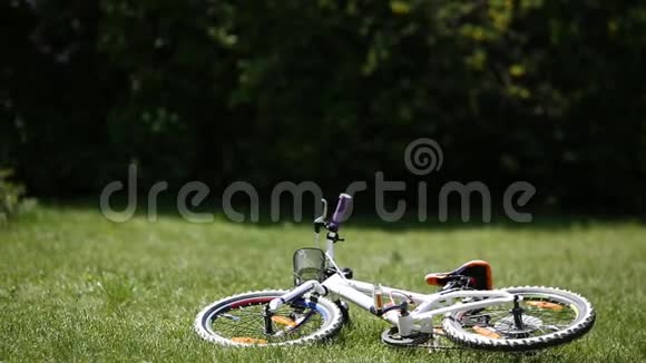 可爱的女孩在阳光明媚的日子里带着鲜花在草地上奔跑骑着自行车视频的预览图