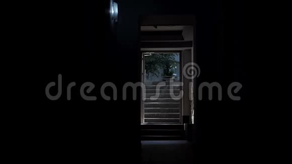 一间黑色的地下室里面有闪闪发光的灯一扇敞开的门和路灯视频的预览图