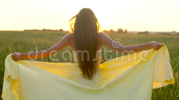 夕阳西下的夏日穿着黄色衣服在麦田里奔跑的年轻美女自由健康幸福的理念视频的预览图