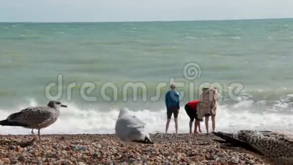 英国布莱顿两个女孩和一个男孩在暑假站在靠近大西洋的海滩上那个家伙视频的预览图