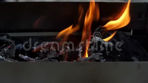火焰从燃烧的木炭和木头中升起视频的预览图