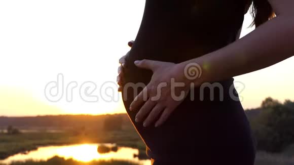 太阳落山时肚子大的未来母亲的惊人镜头视频的预览图