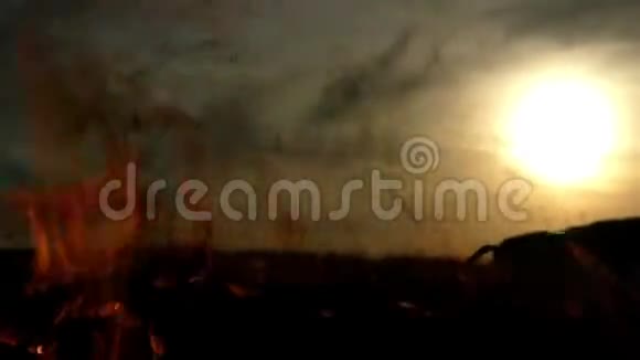 湖岸篝火分叉处冒出的黑色蓬松烟雾视频的预览图
