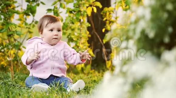 可爱的微笑宝宝在日落时坐在公园的绿草上视频的预览图