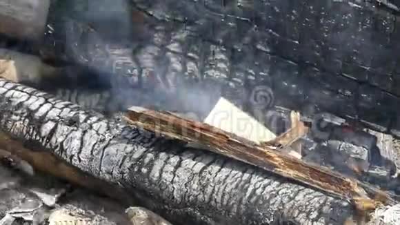 木制原木在火焰中可供粉碎金属棒搅动它们视频的预览图