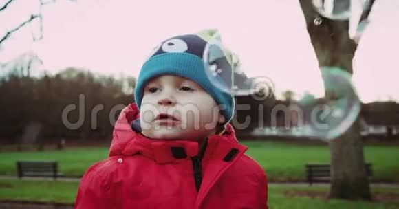 穿着红色夹克的小孩子在绿色公园前看着肥皂气球红色史诗4k相机视频的预览图
