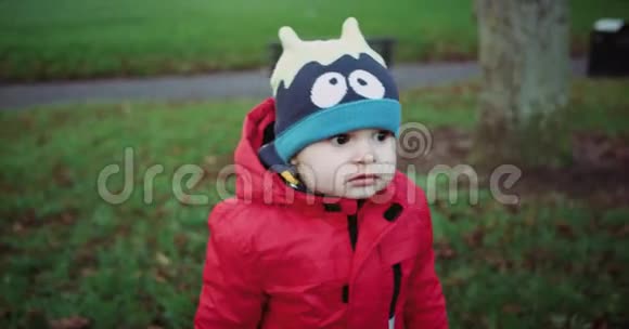 可爱的孩子穿着红色夹克和滑稽的帽子在绿色公园散步红色史诗4k慢动作视频的预览图