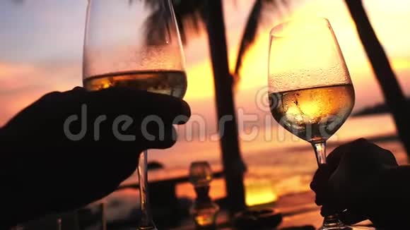 在令人惊叹的日落时分用白葡萄酒夹着酒杯高清1920x1080慢动作视频的预览图