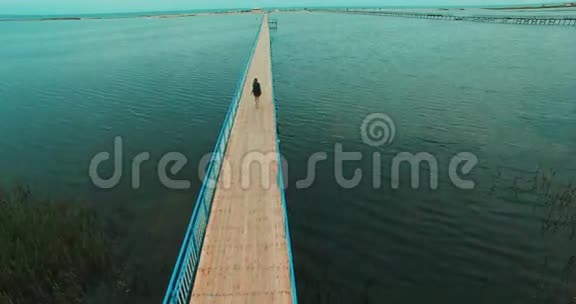 小女孩走在木桥上旅游和旅游视频的预览图