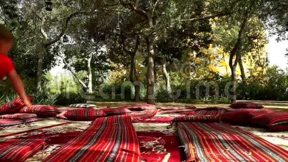 有趣的小男孩在公园里用地毯和床垫奔跑和欢乐视频的预览图
