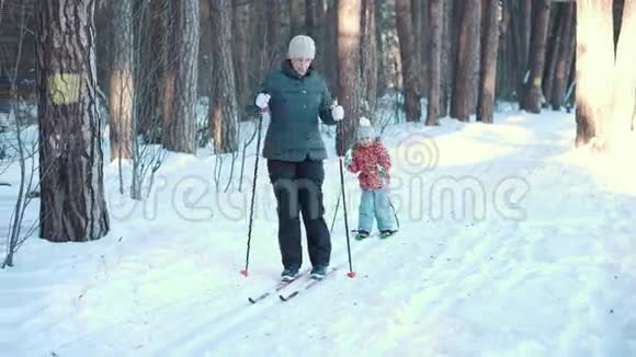 活跃的高级女性和小女孩在森林里越野滑雪视频的预览图