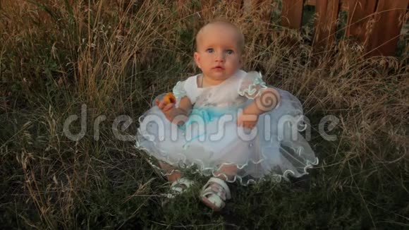 一个小女孩坐在高高的草地上穿着白色的裙子吃着杏子开始在她附近撕草日落视频的预览图