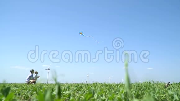 父亲和儿子在绿色的草地上玩风筝视频的预览图