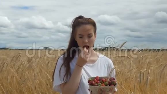 一个在麦田里吃草莓的女孩视频的预览图