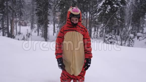 快乐的年轻漂亮女人穿着滑稽的老虎服和头盔在冬天躺在雪堆里在很深的时候视频的预览图