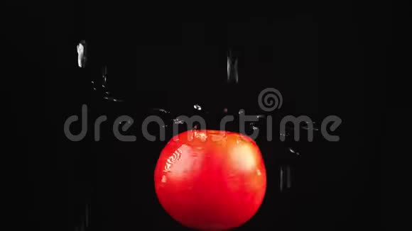 红色番茄特写水滴落在黑色背景上旋转的苹果上超级慢动作视频的预览图