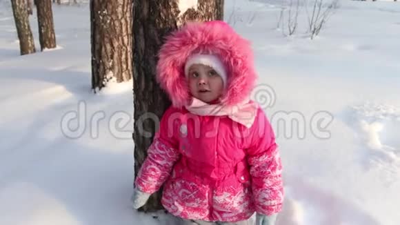 冬天粉红色的小可爱女孩站在森林的树旁视频的预览图