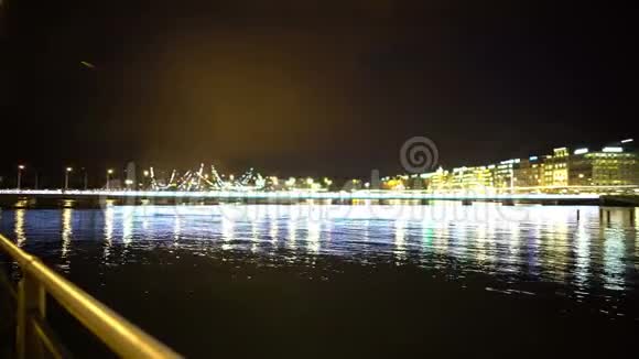 傍晚的日内瓦城美丽的湖堤景色浪漫的景色视频的预览图