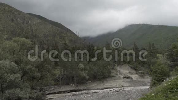 高加索乔治亚州的山区河流有树木和云视频的预览图