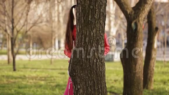 快乐的女孩在树后面玩捉迷藏视频的预览图