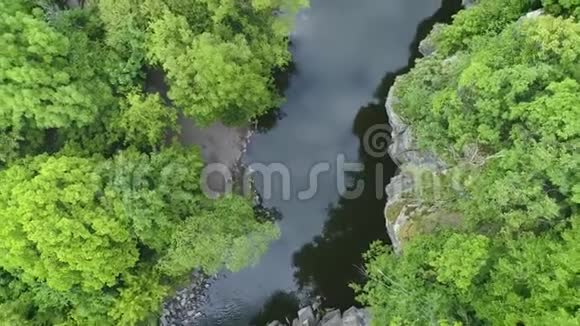 4空中镜头在森林中飞越河流俯视并旋转视频的预览图