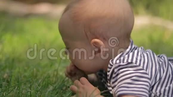 一个小孩躺在草地上咧嘴笑着近距离地玩着草地视频的预览图
