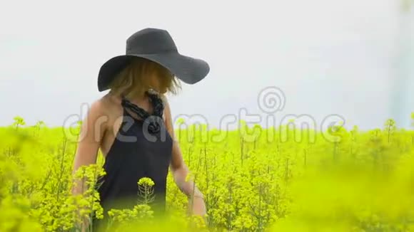 一个穿黑色衣服的女孩走在卡诺拉的田野里视频的预览图