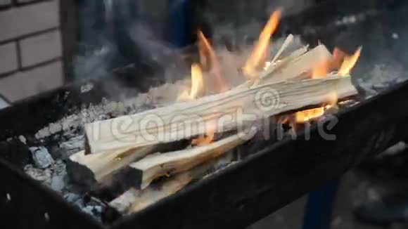 木头烧在铁烤架上视频的预览图