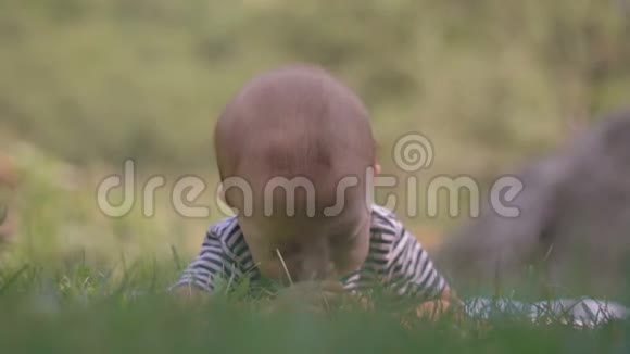 一个小孩躺在草地上咧嘴笑着近距离地玩着草地视频的预览图