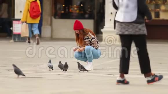 在城镇广场喂鸽子的年轻女子视频的预览图