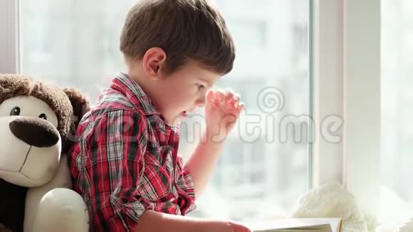 儿童阅读书籍聪明的孩子穿着格子红色衬衫坐在窗户上拿着书视频的预览图