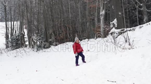 一个小女孩在野外公园玩雪4K视频的预览图