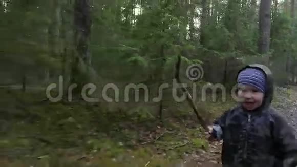 可爱的小男孩在松林公园散步玩着玩着棍子小猎人视频的预览图