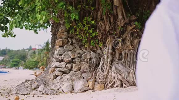 年轻的黑发女人长发戴着白色的树和帽子走在热带海滩上慢动作3840x2160视频的预览图