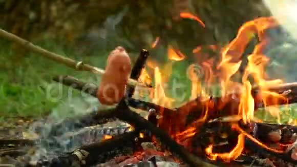 在夏林的篝火上烤着美味的香肠视频的预览图