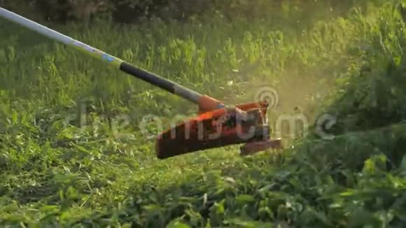 工人用除草机在花园里割草慢动作视频的预览图