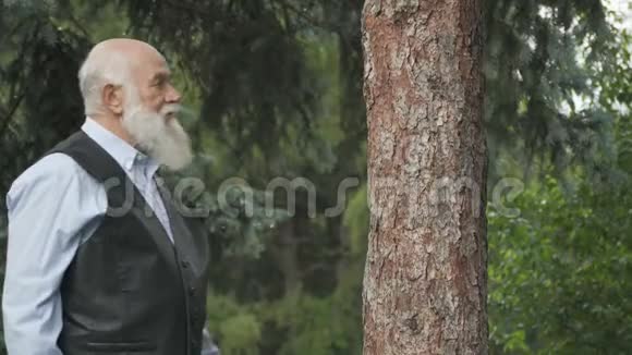 白发苍苍的老人拥抱树干视频的预览图