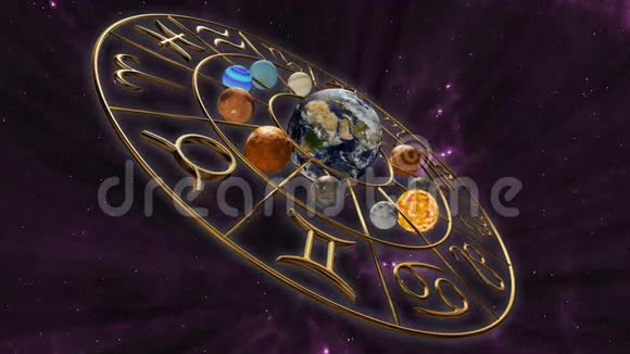 旋转的神秘占星术十二宫星座符号与十二个行星在宇宙场景中三维渲染4公里视频的预览图