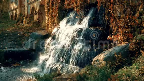 秋天废墟上的瀑布视频的预览图