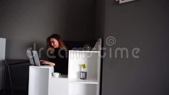 年轻的女经理在笔记本电脑上打字白天坐在办公桌上电脑在办公室视频的预览图