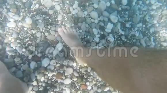 小鱼咬公腿人的脚站在海底有鹅卵石关闭慢动作视频的预览图