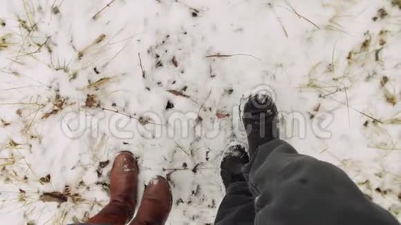 人们在下雪时穿过森林视频的预览图