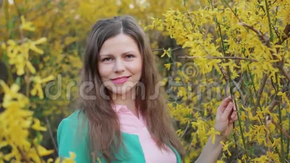 美丽的姑娘在黄色的花朵中春天的树抚摸着嗅着花的慢视频的预览图