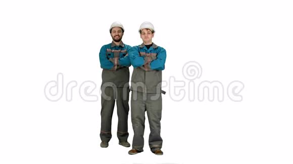 工业建筑建筑和人的概念幸福的男性建设者的白色背景视频的预览图