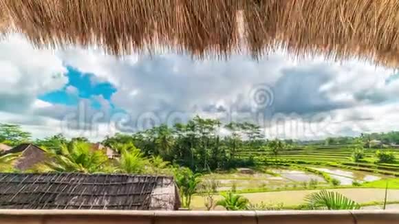 印度尼西亚巴厘岛上的乌布德在绿色的稻田上流云的时间流逝从平房看到的景色视频的预览图
