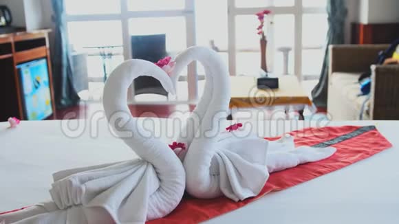 美丽的天鹅由白色毛巾在科芬甘岛酒店慢动作3840x21604k视频的预览图