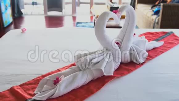 美丽的天鹅由白色毛巾在科芬甘岛酒店4K慢动作3840x2160视频的预览图