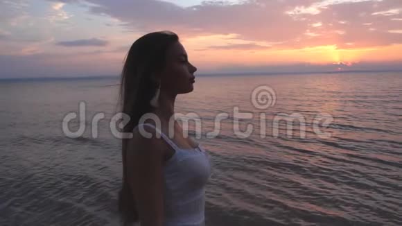沙滩上看日出的女孩看日出的女孩的剪影视频的预览图